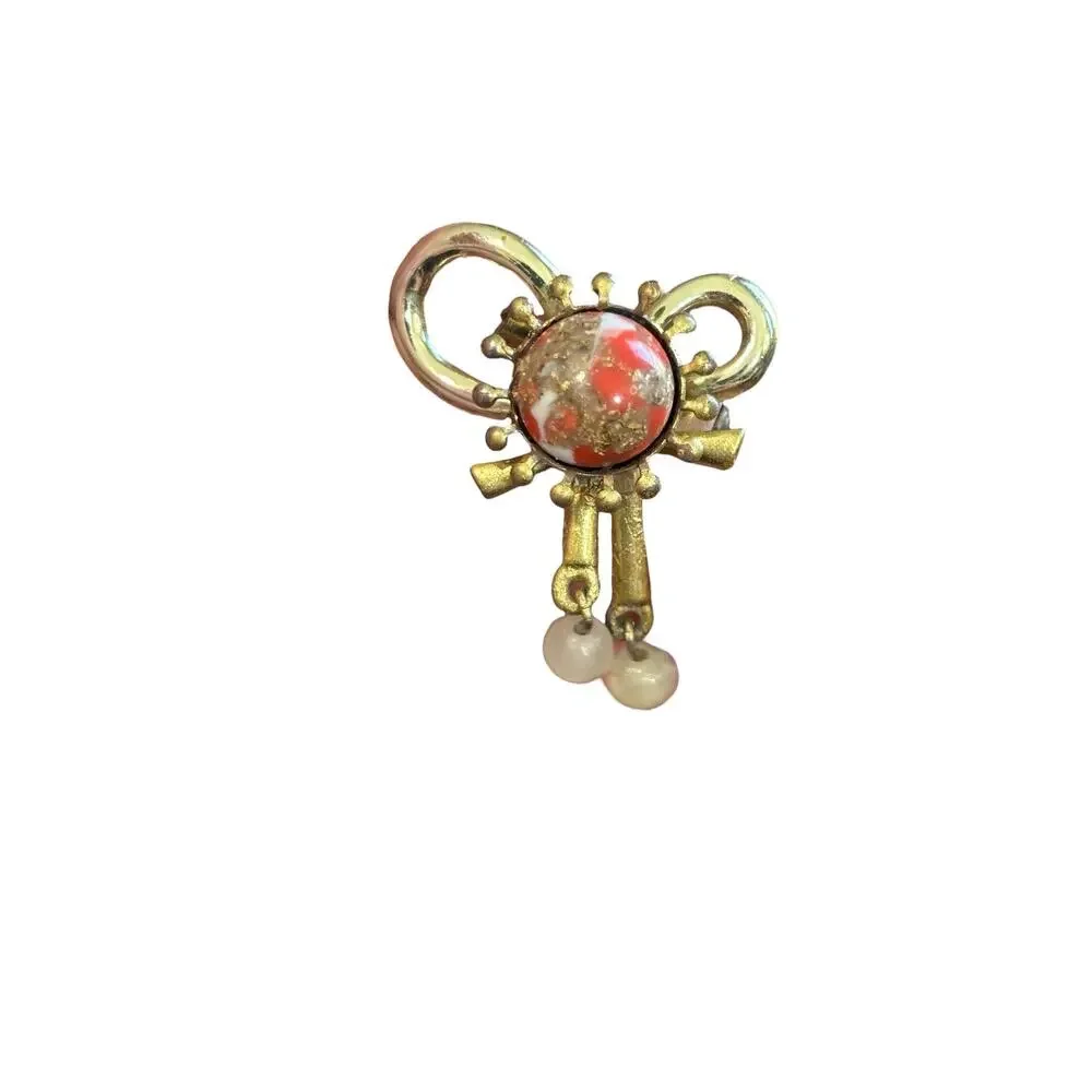 50s Atomic Bow Brooch Confetti Art Glass Faux Pearl Dangle Mid Century